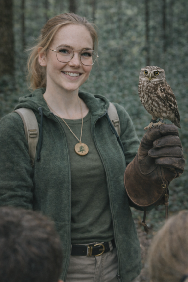 Denise Lüdtke - Beratung und Entwicklung mit Steinkauz und Falknerhandschuh, imj Profil und lächelnd, im Wald 