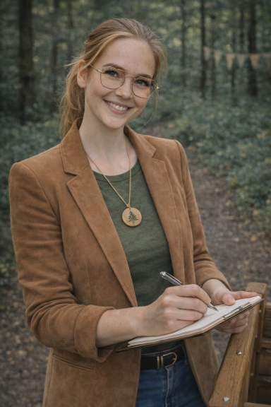 Denise Lüdtke - Beratung und Entwicklung schreibt Notizen auf Klemmbrett, lächelnd, Profilbild