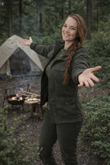 Willkommensbild Denise Lüdtke - Beratung und Entwicklung, stehend, lächelnd im Wald, mit Lagerfeuer und Zelt