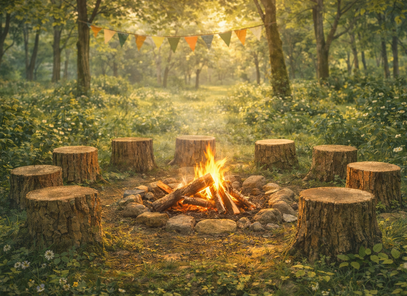 großes Beitragsbild "Wald- und Naturpädagogik" von Denise Lüdtke - Beratung und Entwicklung, symbolisch gemeinsam am Lagerfeuer im Wald