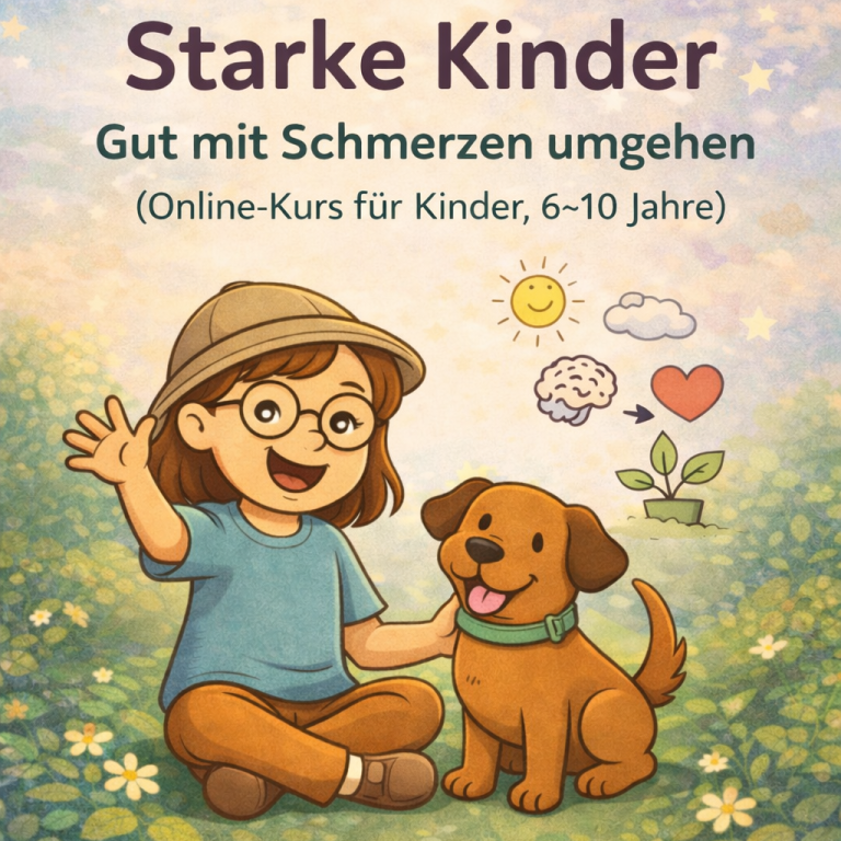 Onlinekurs Titelbild Schmerzmanagement für Kinder Denise Lüdtke - Beratung & Entwicklung, mit Lilly der Schmerzforscherin und ihrem Hund