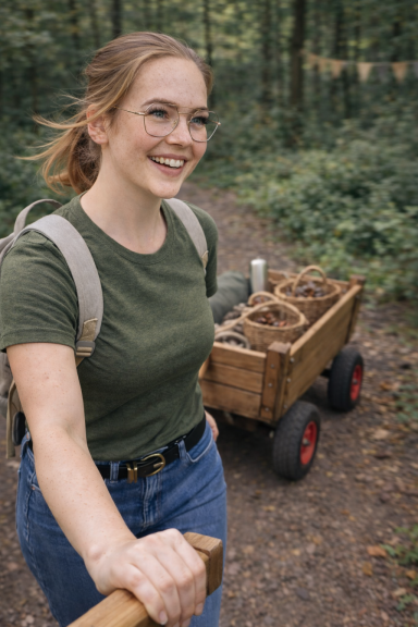 Denise Lüdtke - Beratung und Entwicklung am Bollerwagen ziehend, im Wald
